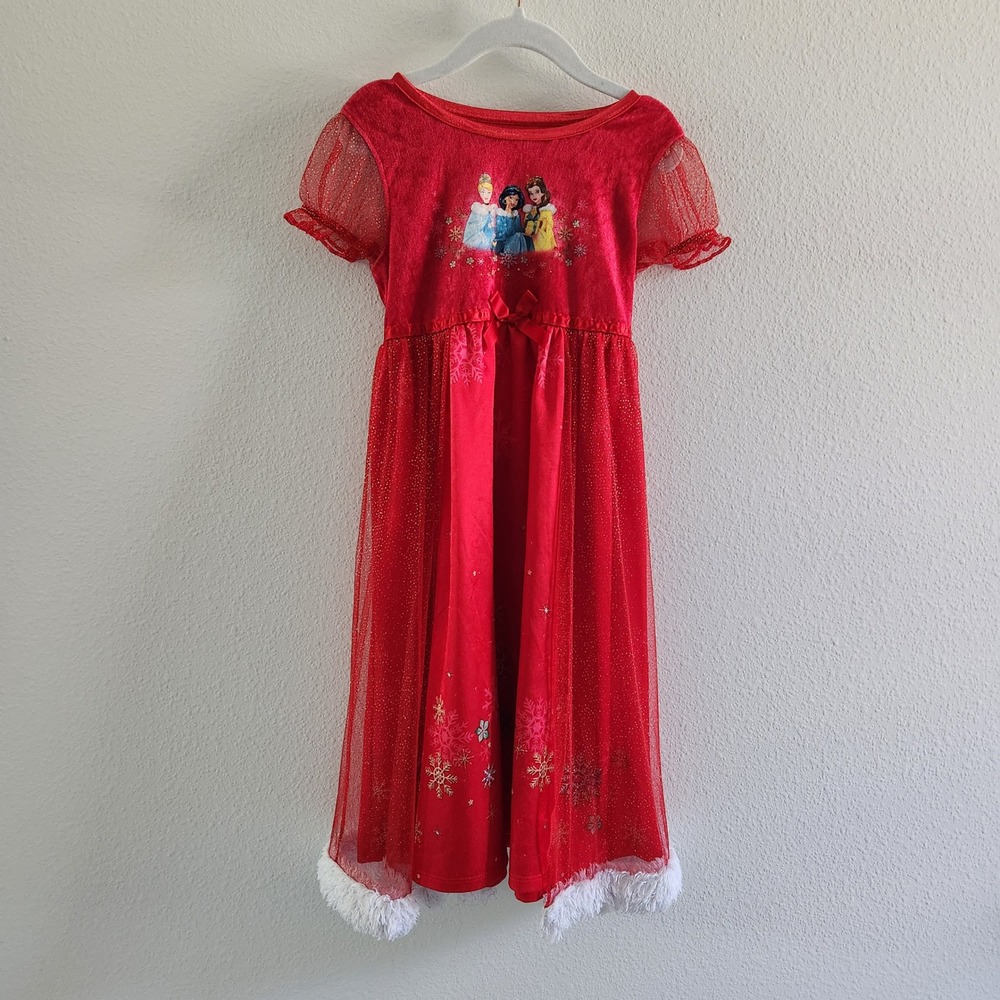 Disney Princess Girls size 5T Red Snowflake Holiday dress Faux Fur Trim - Picture 8 of 10